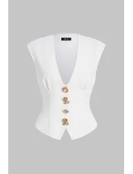 Metallic Button V-Neck Tank Top - 4