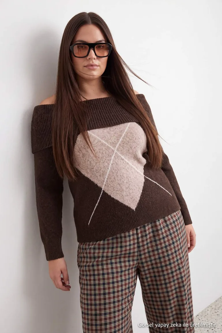 Brown Baklava Patterned Wool Soft Carmen Collar Knitwear Sweater