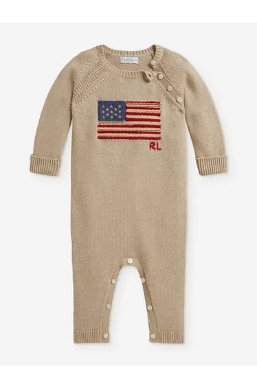 Ralph Lauren Baby Boys Iconic Flag Romper in Beige
