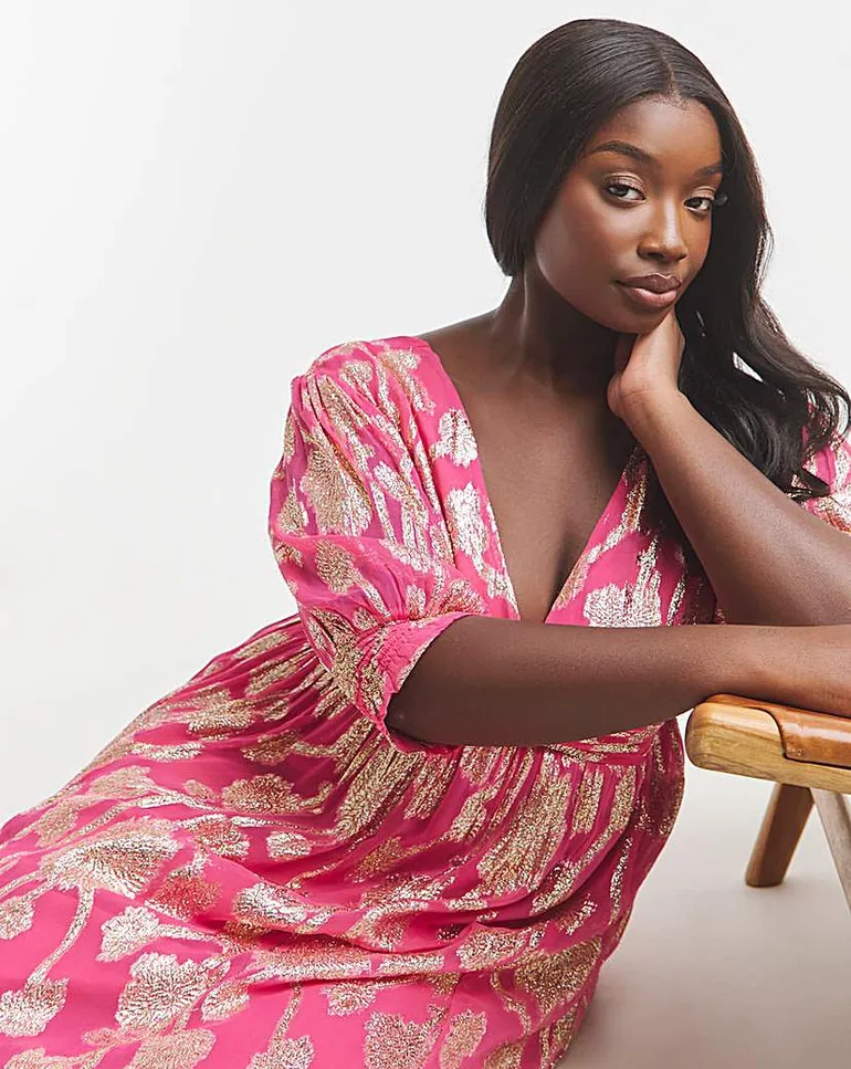 Pink and Gold Wrap Midi Dress - 1