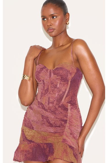 Dark Purple Floral Print Corset Frill Hem Bodycon Dress product thumbnail 4