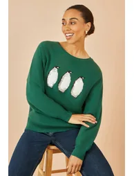 Yumi Green Christmas Festive Penguin Knitted Jumper - 2