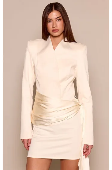 Almond Woven Collarless Satin Drape Blazer