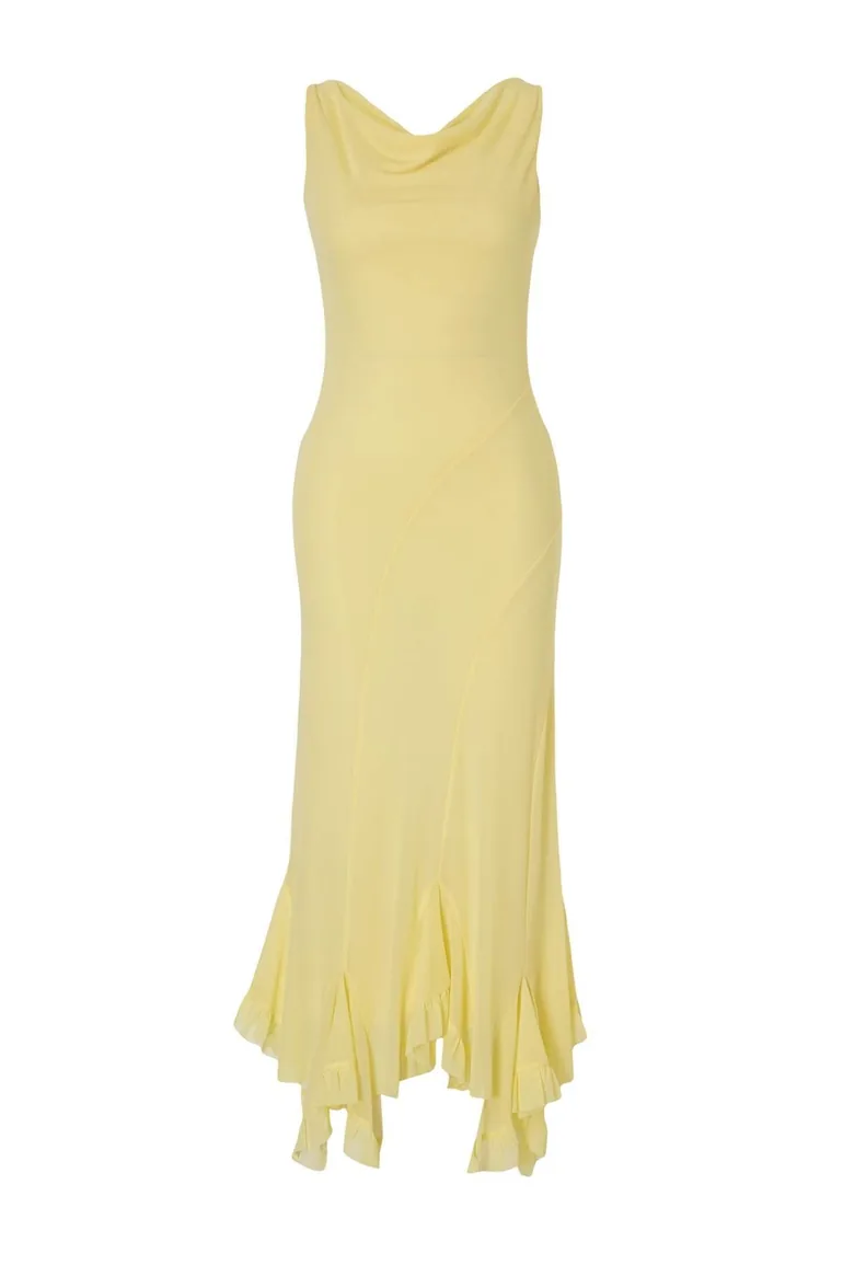 Yellow Knitted Lined Tulle Midi Dress - 2