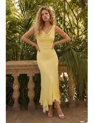 Yellow Knitted Lined Tulle Midi Dress