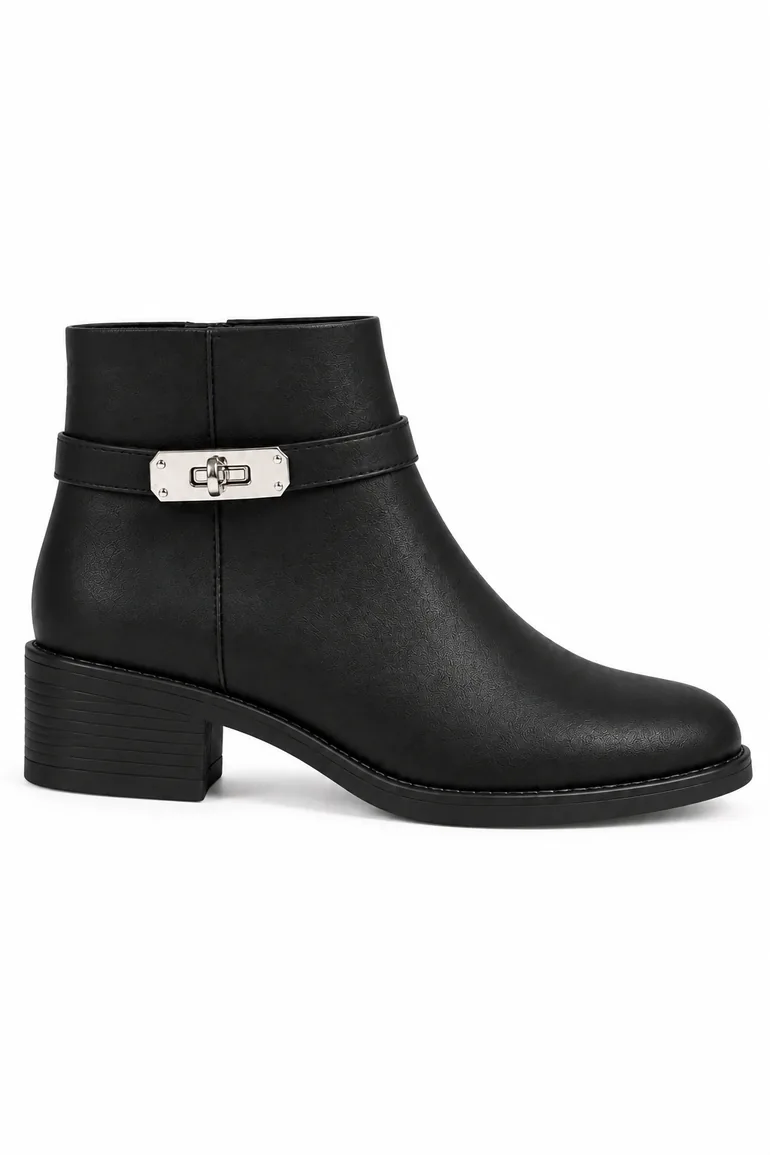 Mayfair Luxe Iconic Buckle Low Heel Zip Up Faux Leather Ankle Boots Black - 1