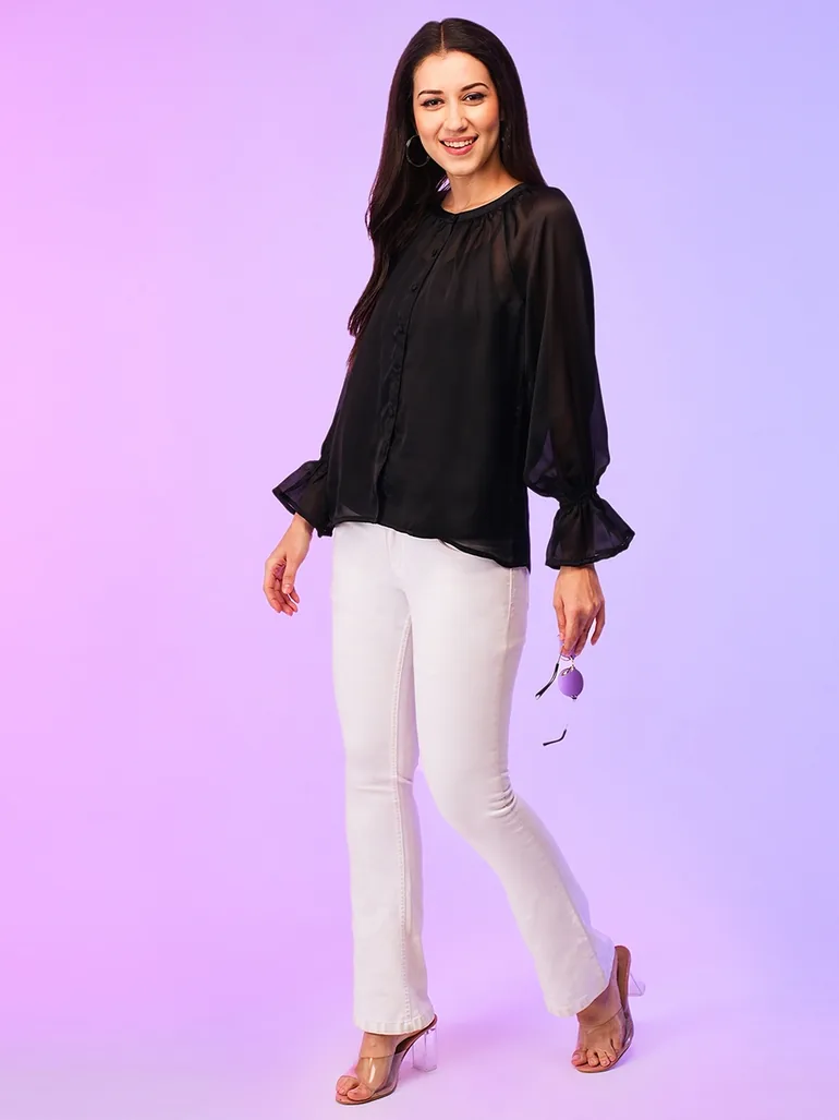 Solid Round Neck Flute Sleeve Top - 4