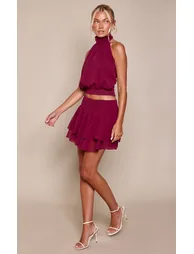 Wine Chiffon Pleated Ruffle Mini Skirt Co-ord - 2