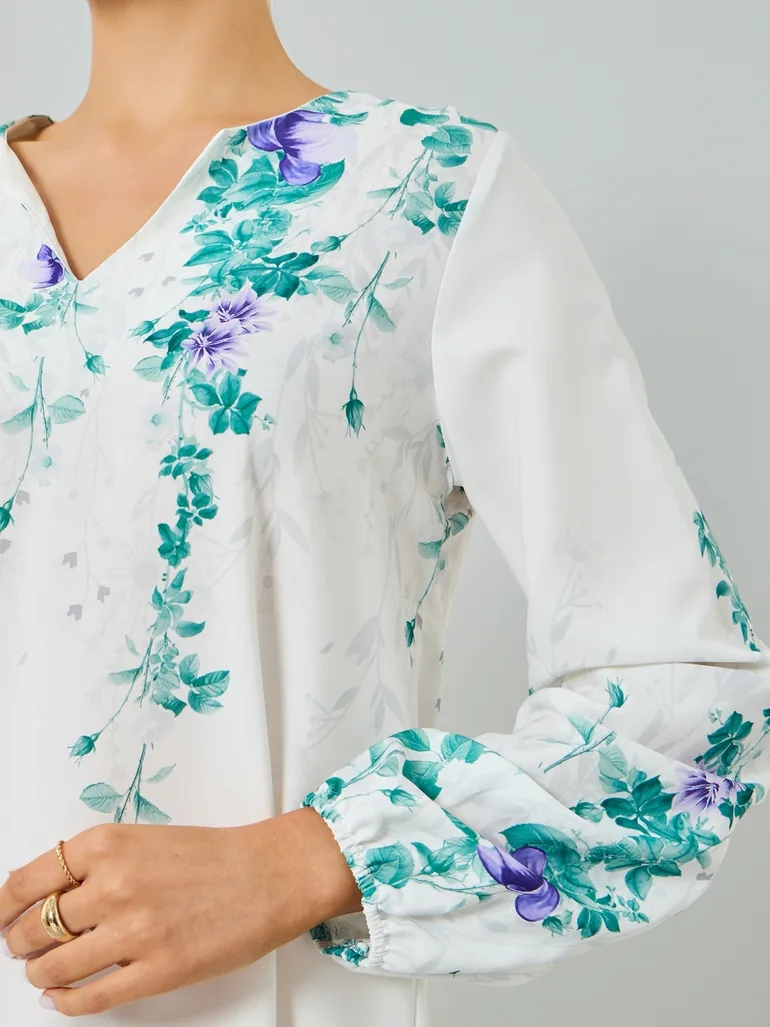 White Floral Print A-Line Jalabiya - 3