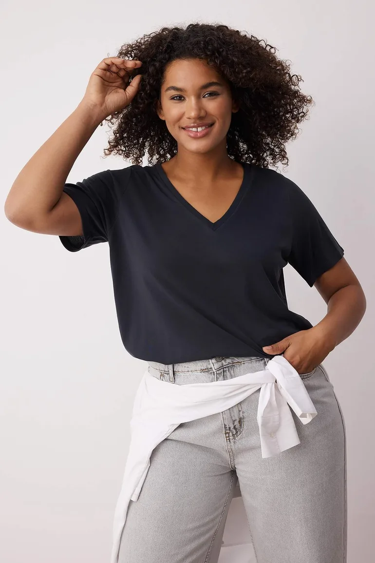 Anthracite V Neck Modal Flowy Comfortable Plus Size T-shirt - 1