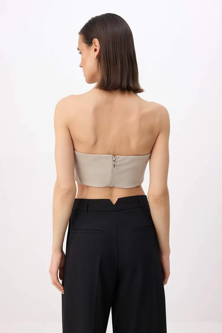Beige*001 Plain Strapless Sleeveless Cut-Out Woven Polyviscose Stylish/Night Bustier - 3