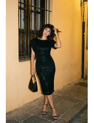 Black Fitted Shiny Sequin Elegant Evening Dress - 1