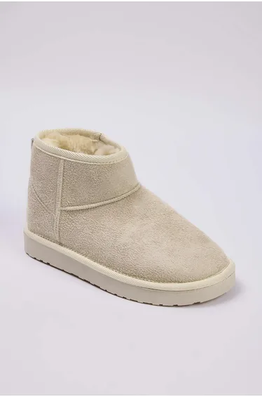 Beige Fur-lined Round Toe Flat Heel Women's Boots