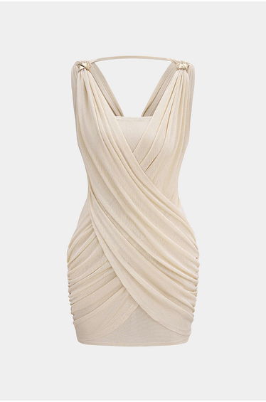 Crossed V-Neck Ruched Metallic Decor Sleeveless Mini Dress