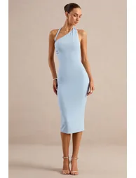 Vela | Light Blue Asymmetric-Neck Midi Dress - 1