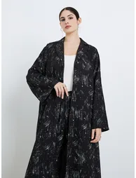 Women Notch Lapel Textured Abaya and Pants Modest Set - 2