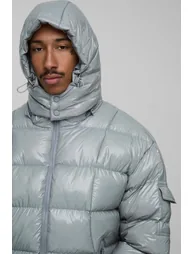 Regular Fit High Shine Quilted Hooded Puffer Jacket - grey - 2