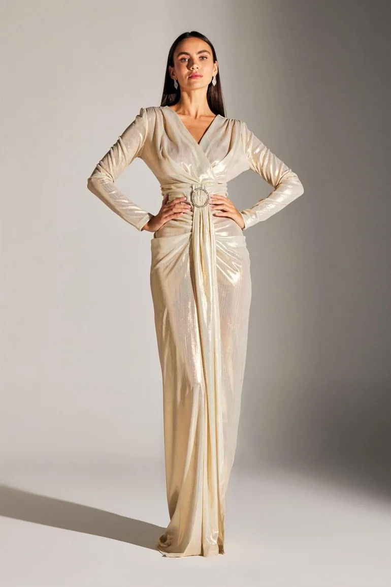 Janetta Sparkling Body-hugging Stone Belted Long Sleeve Evening Dress