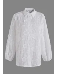 3D Bloom Embroidered Puff Sleeve Cotton Shirt and Shorts Set for Resort Getaways & Beach Dinners - 4