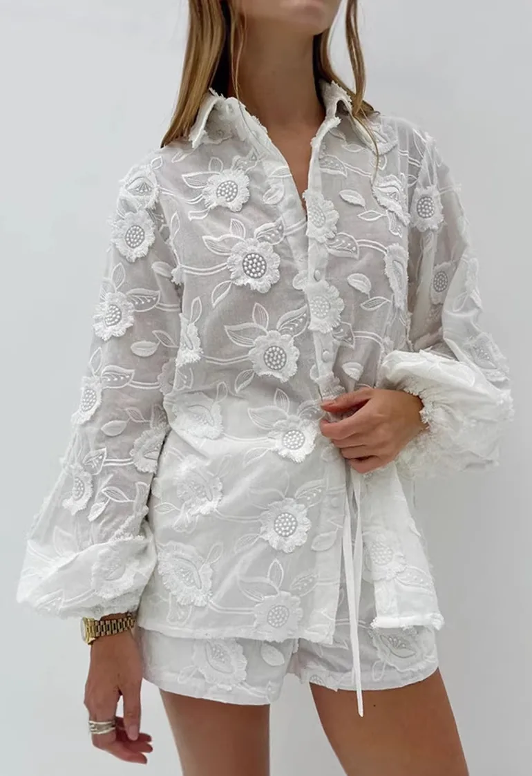 3D Bloom Embroidered Puff Sleeve Cotton Shirt and Shorts Set for Resort Getaways & Beach Dinners - 2