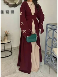 Bow Detail Open Front Abaya with Belt Set - 1