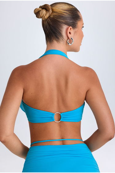 Plunge Hardware-Detail Halterneck Crop Top in Aqua Blue product thumbnail 3
