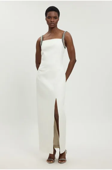 Compact Stretch Diamante Trim Detail Column Dress