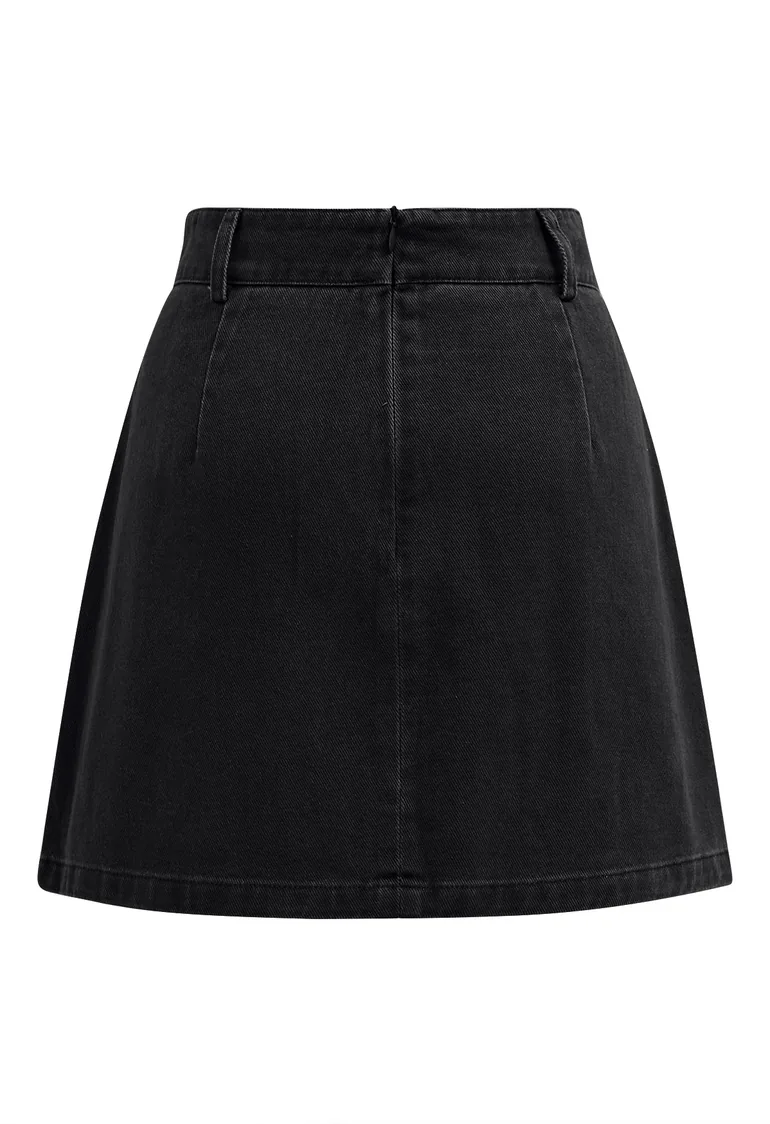Double-Buttoned Flap Denim Mini Skirt in Black - 8