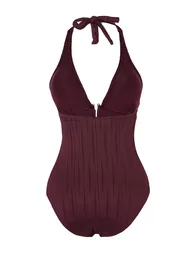 Plum Textured V-Neck Covered Regular Swimsuit with Accessory Detail - 4