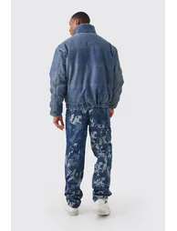 Funnel Neck Boxy Denim Look Pu Puffer - blue - 1