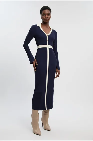 Knit Rib With Contrast Waist Detail Collared Midi Dress