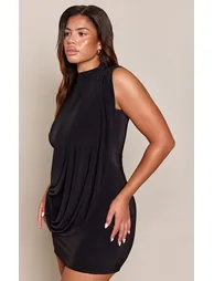 Shape Black Asymmetrical Drape Front Shoulder Pad Mini Dress - 1