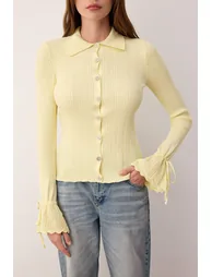 Yellow Mercerized Look Ribbed Polo Collar Knitwear Cardigan - 2