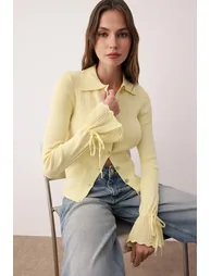Yellow Mercerized Look Ribbed Polo Collar Knitwear Cardigan - 1