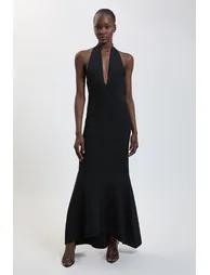 Elegant Cross Halter Ribbed Knit Maxi Dress