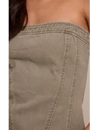 Tall Washed Khaki Strapless Bustier Detail Denim Corset Top - 3