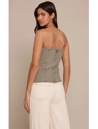 Tall Washed Khaki Strapless Bustier Detail Denim Corset Top - 2
