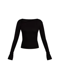 Black Soft Rib Asymmetric Detail Fitted Longline Top - 4