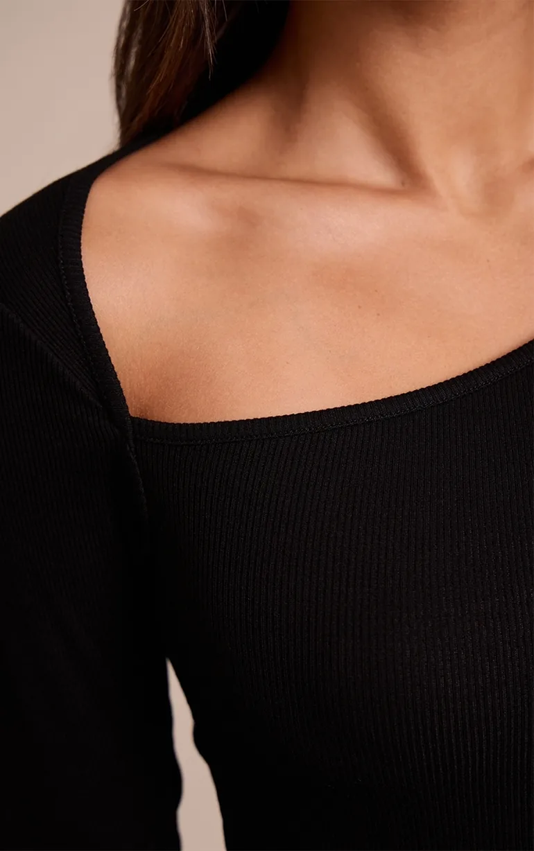 Black Soft Rib Asymmetric Detail Fitted Longline Top - 3