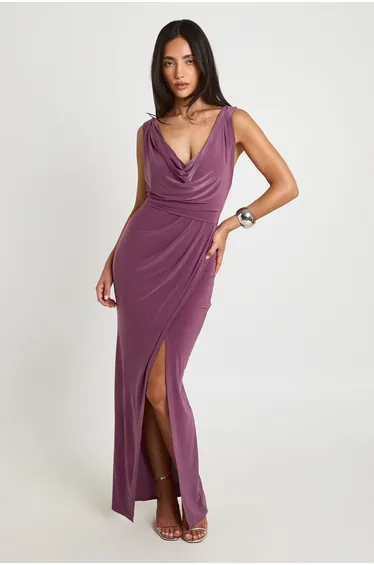 Soft Touch Ruched Wrap Maxi Dress - mauve
