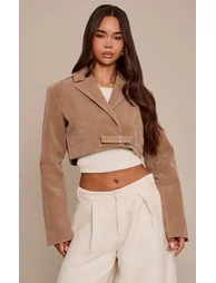 Sand Faux Suede Extreme Cropped Blazer - 5