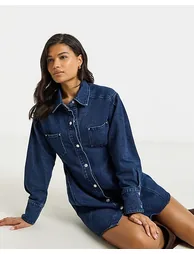 Dark Wash Belted Oversized Shirt Dress - 2