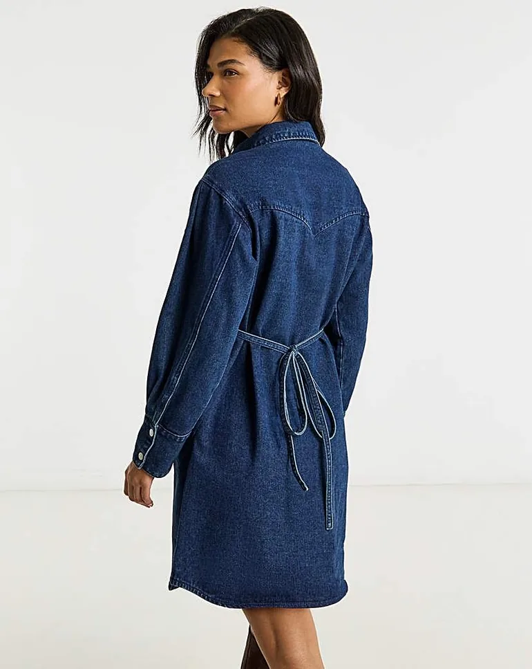 Dark Wash Belted Oversized Shirt Dress - 1