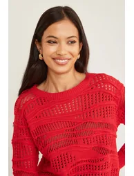 Yumi Red Wave Pointelle Knitted Jumper - 4