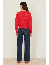 Yumi Red Wave Pointelle Knitted Jumper - 2