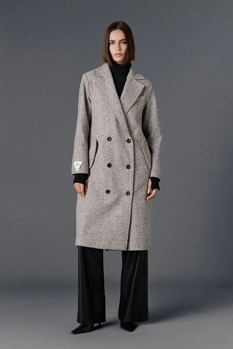 Herringbone Double-Breasted Maxi Cashmere Coat - 1
