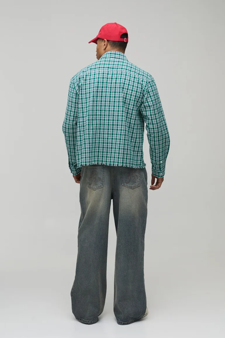 Oversized Boxy Raw Hem Checked Shirt - green - 1