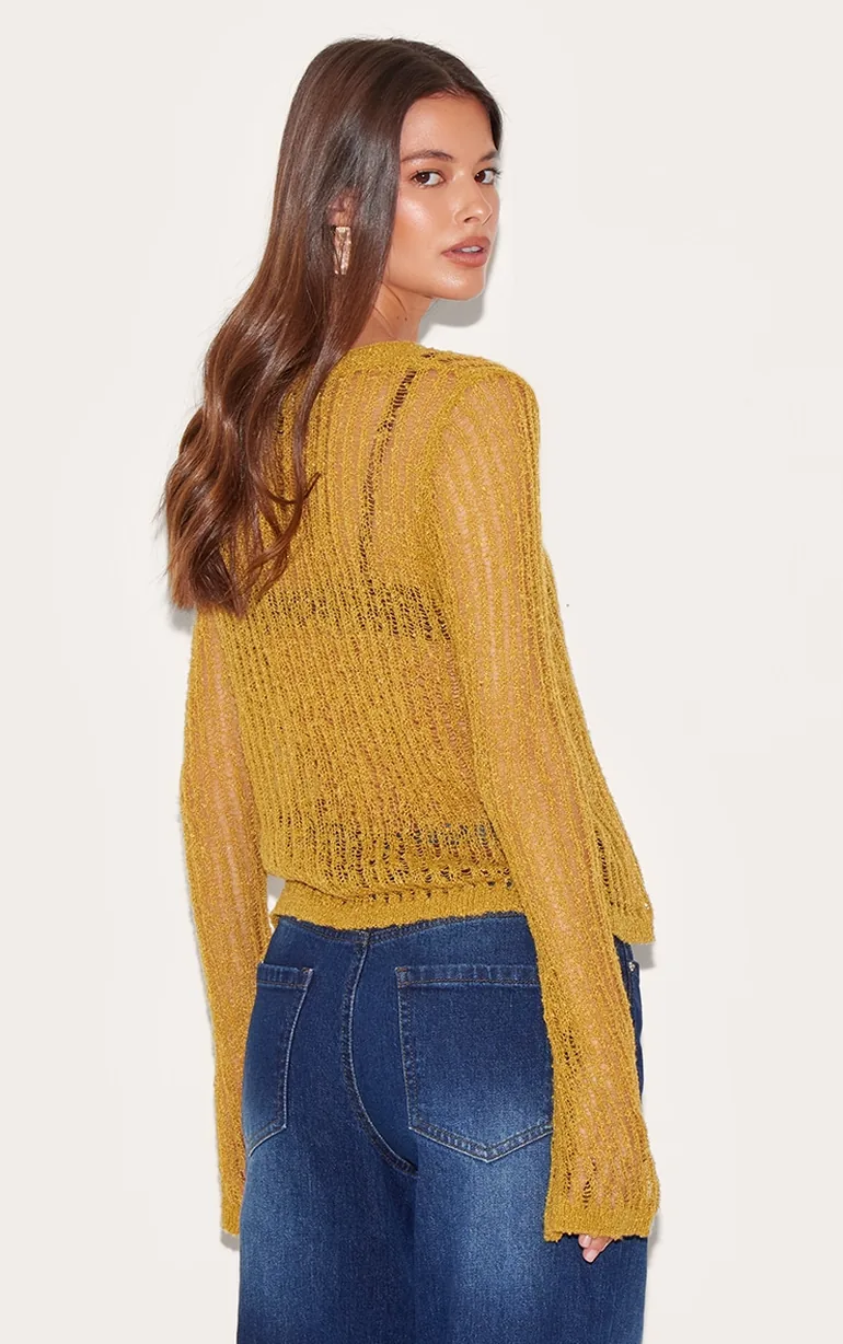 Olive Ladder Knit Sheer Cropped Tie Front Top - 1