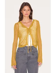 Olive Ladder Knit Sheer Cropped Tie Front Top - 5