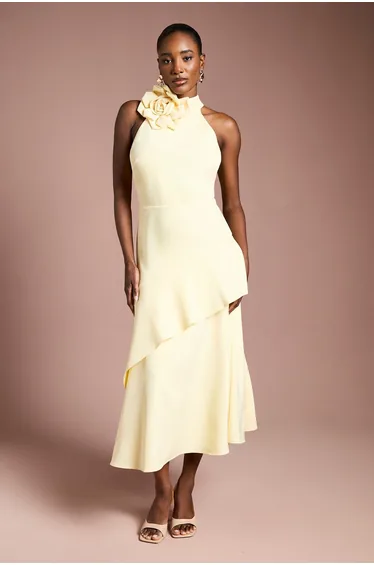High Neck Corsage Detail Midi Dress